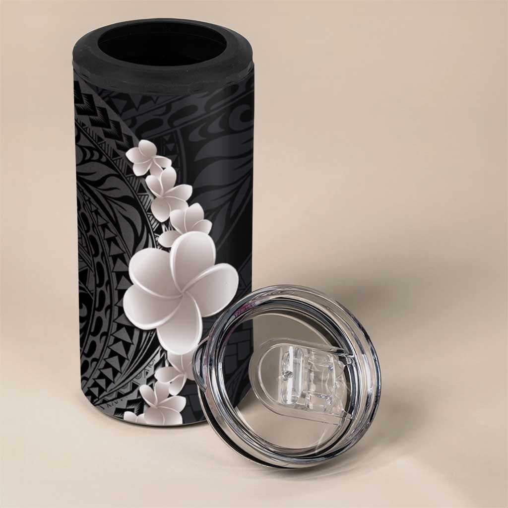 Hawaiian Tropical Plumeria Art Polynesian Tattoo 4 in 1 Can Cooler Tumbler Grayscale Color
