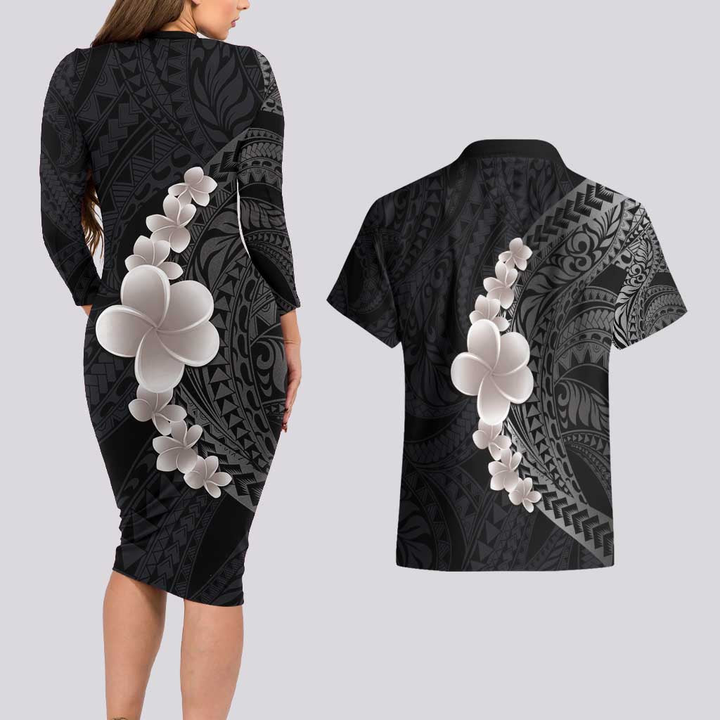 Hawaiian Tropical Plumeria Art Polynesian Tattoo Couples Matching Long Sleeve Bodycon Dress and Hawaiian Shirt Grayscale Color LT03 - Polynesian Pride