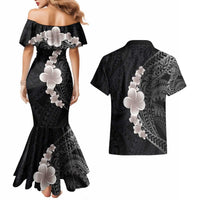 Hawaiian Tropical Plumeria Art Polynesian Tattoo Couples Matching Mermaid Dress and Hawaiian Shirt Grayscale Color LT03 - Polynesian Pride