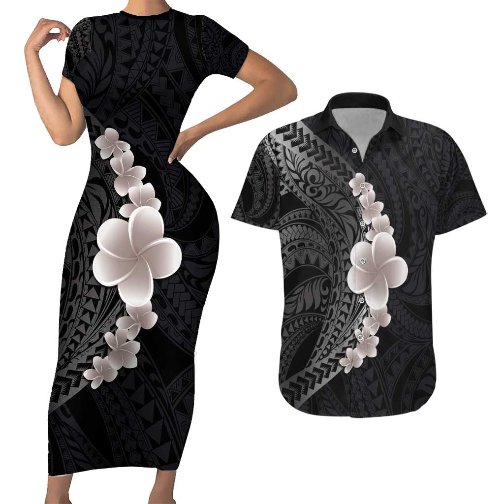 Hawaiian Tropical Plumeria Art Polynesian Tattoo Couples Matching Short Sleeve Bodycon Dress and Hawaiian Shirt Grayscale Color LT03 Black - Polynesian Pride