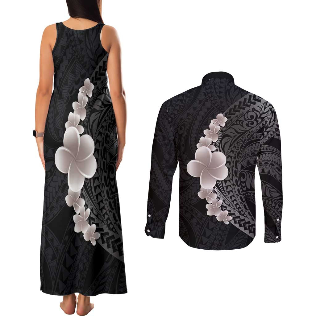 Hawaiian Tropical Plumeria Art Polynesian Tattoo Couples Matching Tank Maxi Dress and Long Sleeve Button Shirt Grayscale Color