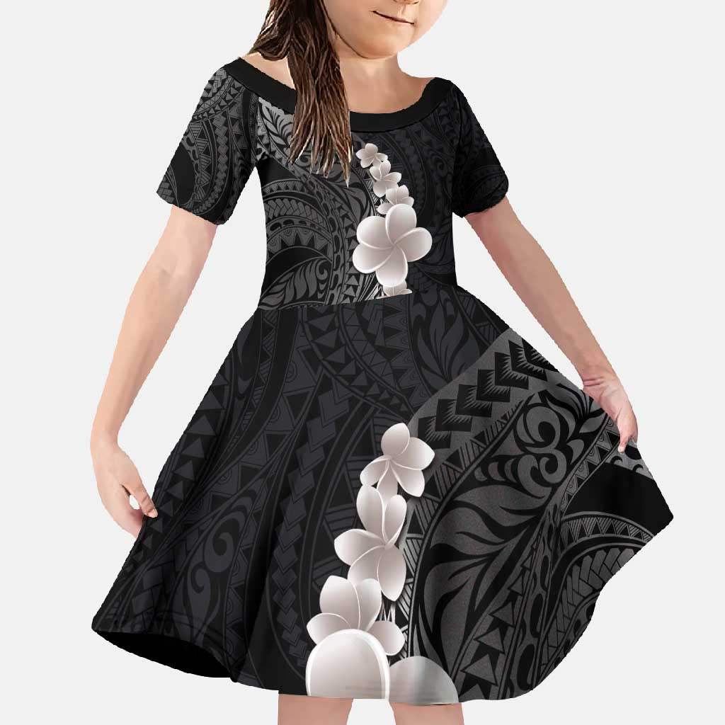 Hawaiian Tropical Plumeria Art Polynesian Tattoo Family Matching Long Sleeve Bodycon Dress and Hawaiian Shirt Grayscale Color LT03 Daughter's Dress Black - Polynesian Pride