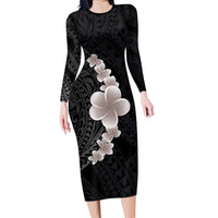 Hawaiian Tropical Plumeria Art Polynesian Tattoo Family Matching Long Sleeve Bodycon Dress and Hawaiian Shirt Grayscale Color LT03 Mom's Dress Black - Polynesian Pride