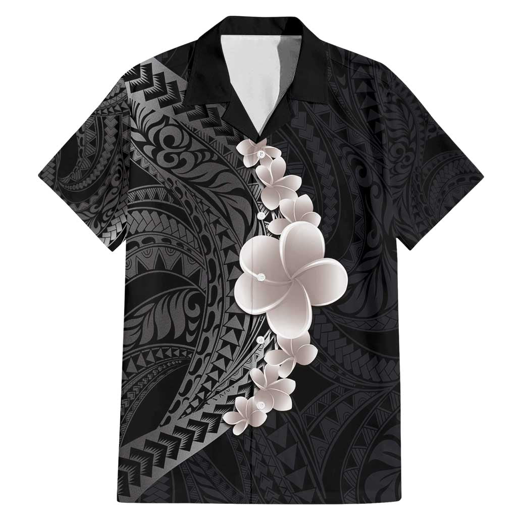 Hawaiian Tropical Plumeria Art Polynesian Tattoo Family Matching Mermaid Dress and Hawaiian Shirt Grayscale Color LT03 Dad's Shirt - Short Sleeve Black - Polynesian Pride