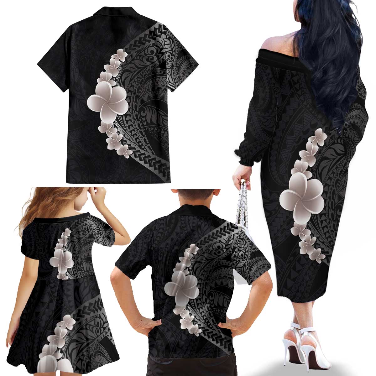Hawaiian Tropical Plumeria Art Polynesian Tattoo Family Matching Off The Shoulder Long Sleeve Dress and Hawaiian Shirt Grayscale Color LT03 - Polynesian Pride