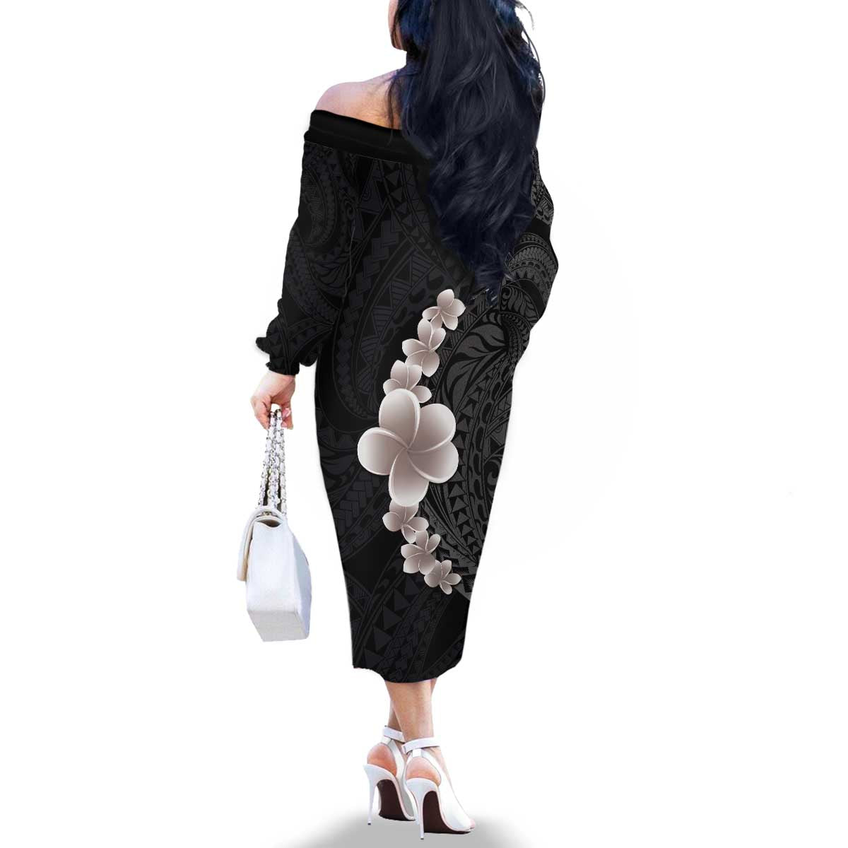 Hawaiian Tropical Plumeria Art Polynesian Tattoo Family Matching Off The Shoulder Long Sleeve Dress and Hawaiian Shirt Grayscale Color LT03 - Polynesian Pride