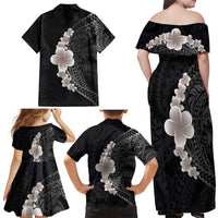 Hawaiian Tropical Plumeria Art Polynesian Tattoo Family Matching Off Shoulder Maxi Dress and Hawaiian Shirt Grayscale Color LT03 - Polynesian Pride