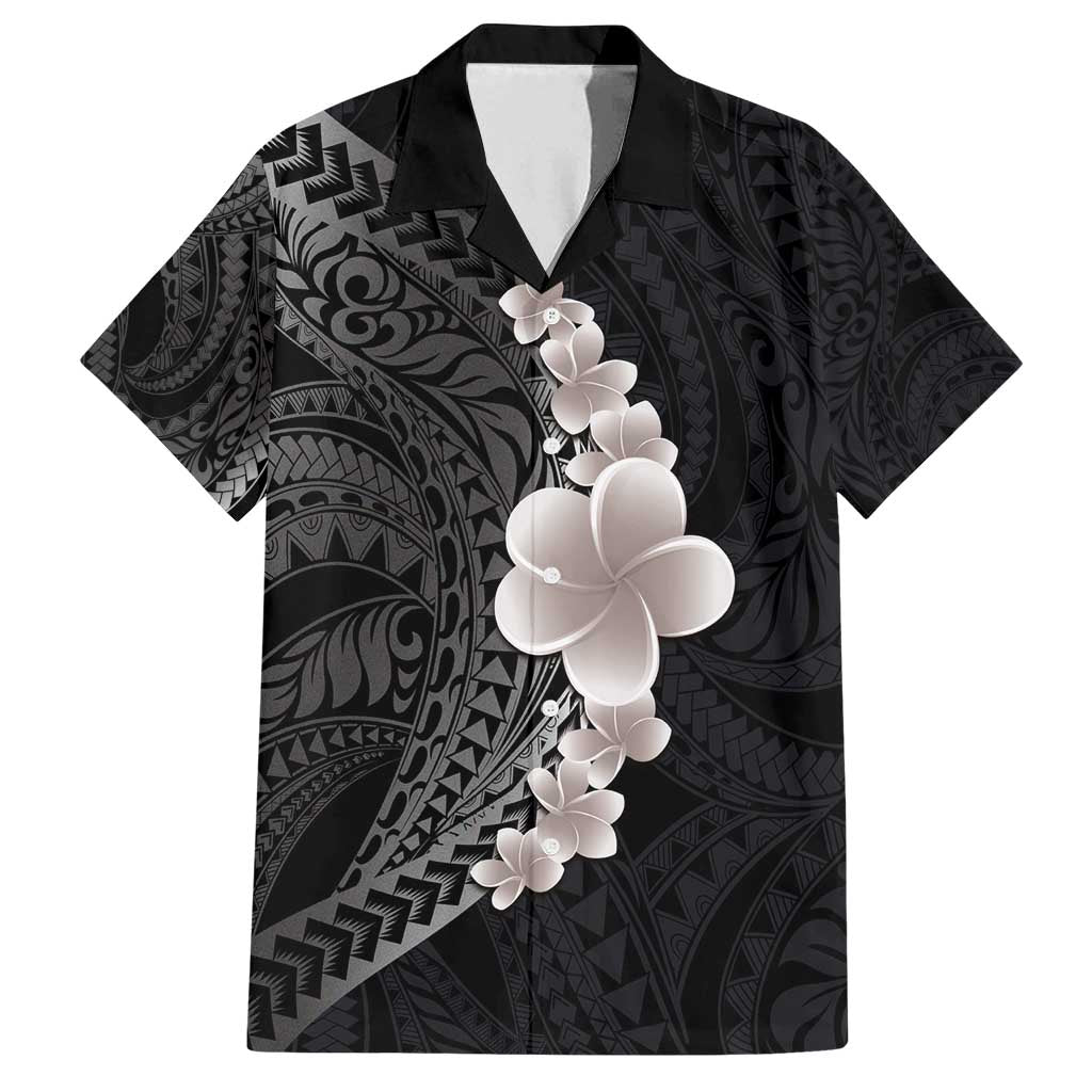 Hawaiian Tropical Plumeria Art Polynesian Tattoo Family Matching Off Shoulder Maxi Dress and Hawaiian Shirt Grayscale Color LT03 Dad's Shirt - Short Sleeve Black - Polynesian Pride