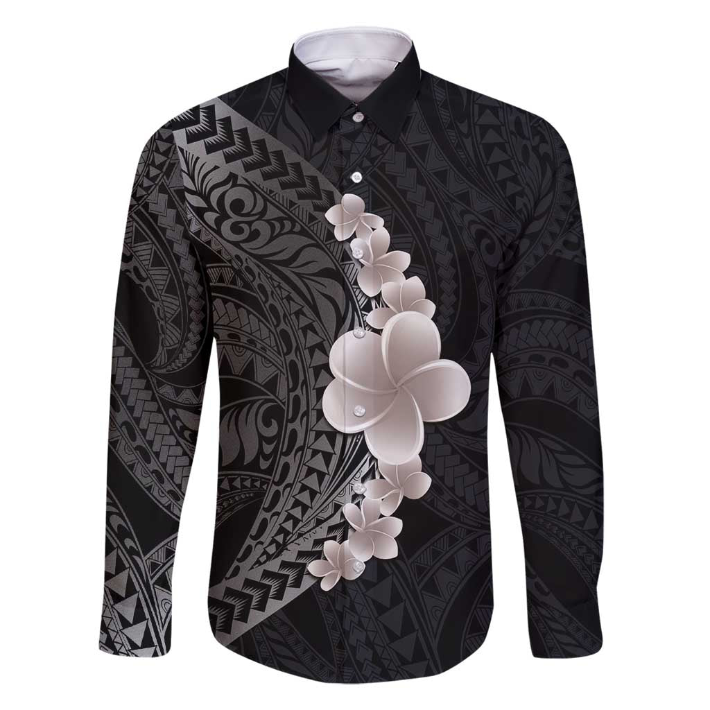 Hawaiian Tropical Plumeria Art Polynesian Tattoo Family Matching Off Shoulder Maxi Dress and Hawaiian Shirt Grayscale Color LT03 Dad's Shirt - Long Sleeve Black - Polynesian Pride