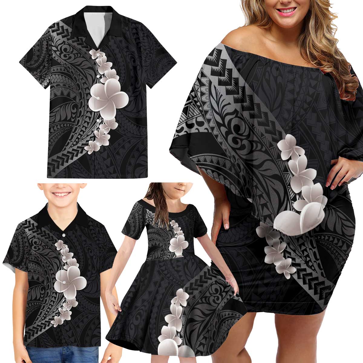 Hawaiian Tropical Plumeria Art Polynesian Tattoo Family Matching Off Shoulder Short Dress and Hawaiian Shirt Grayscale Color LT03 - Polynesian Pride