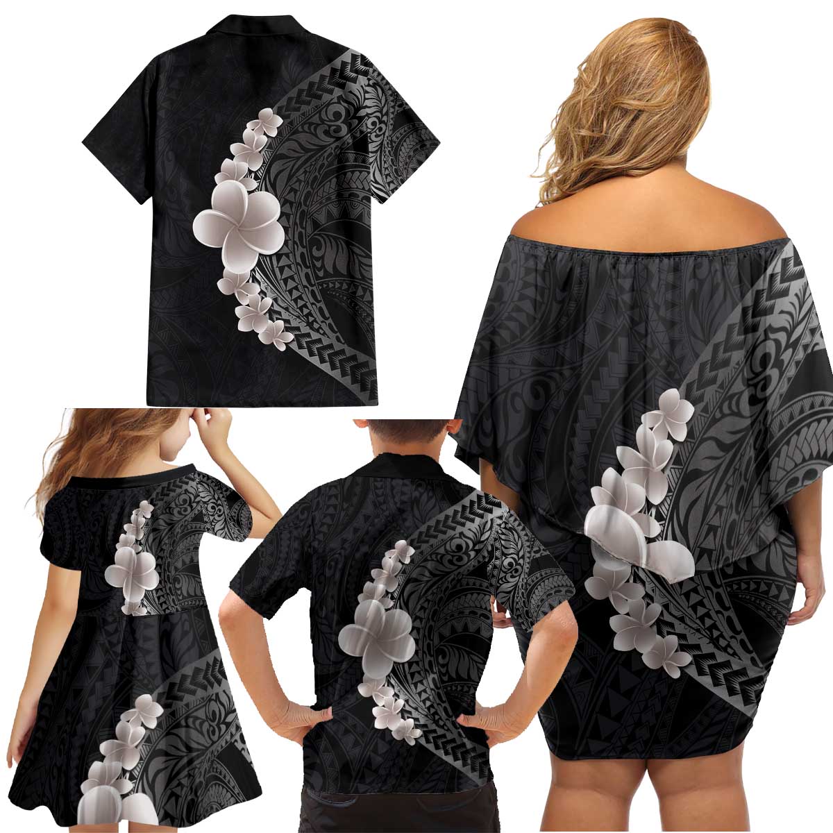 Hawaiian Tropical Plumeria Art Polynesian Tattoo Family Matching Off Shoulder Short Dress and Hawaiian Shirt Grayscale Color LT03 - Polynesian Pride