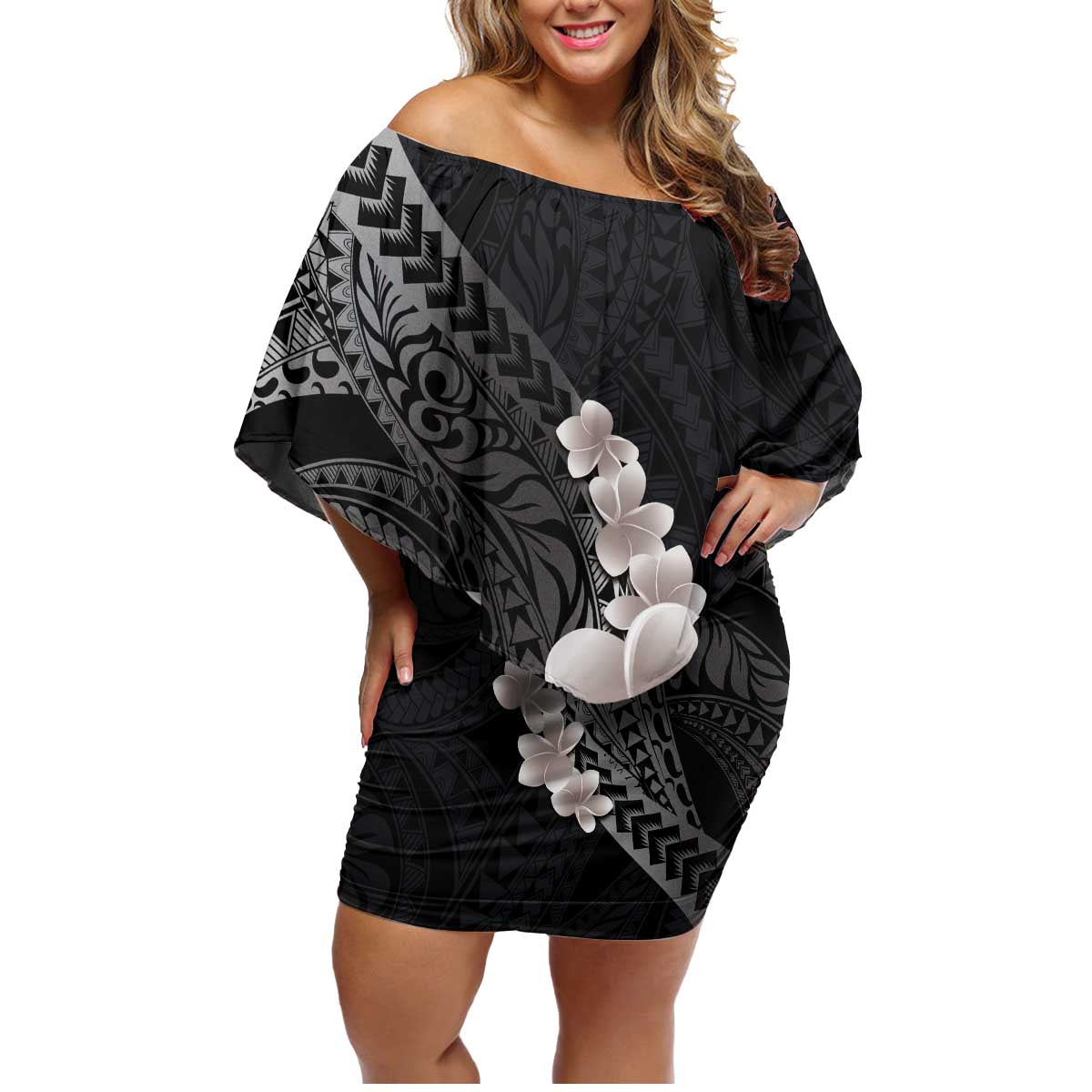 Hawaiian Tropical Plumeria Art Polynesian Tattoo Family Matching Off Shoulder Short Dress and Hawaiian Shirt Grayscale Color LT03 Mom's Dress Black - Polynesian Pride