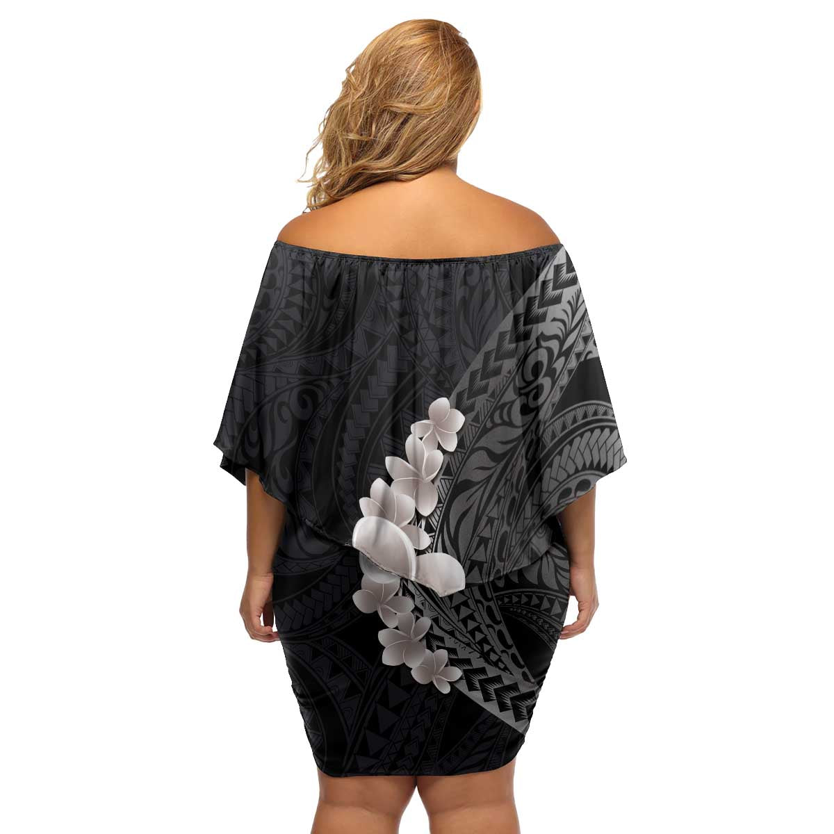 Hawaiian Tropical Plumeria Art Polynesian Tattoo Family Matching Off Shoulder Short Dress and Hawaiian Shirt Grayscale Color LT03 - Polynesian Pride