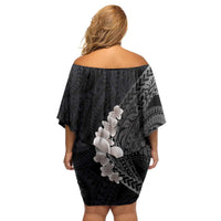 Hawaiian Tropical Plumeria Art Polynesian Tattoo Family Matching Off Shoulder Short Dress and Hawaiian Shirt Grayscale Color LT03 - Polynesian Pride