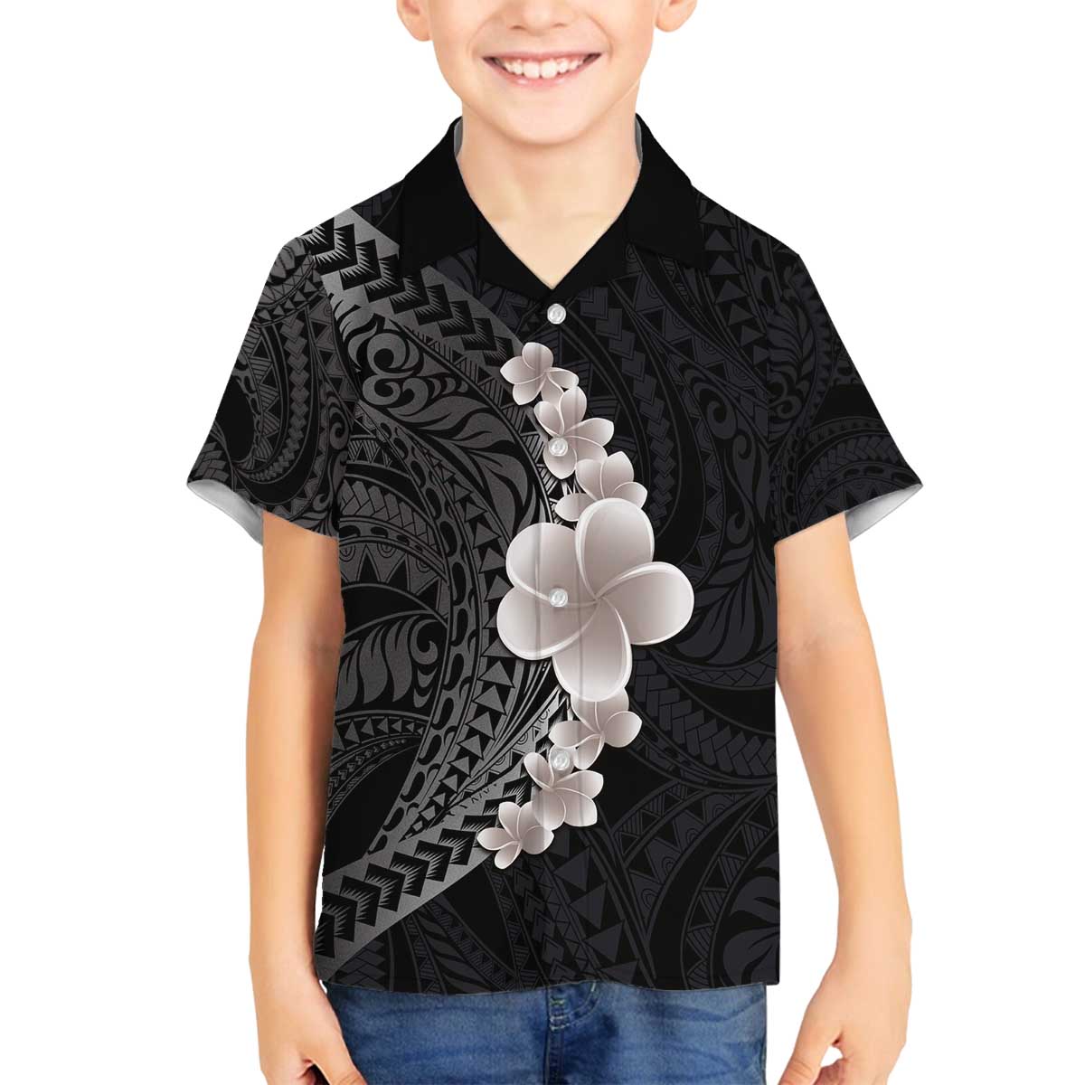 Hawaiian Tropical Plumeria Art Polynesian Tattoo Family Matching Off Shoulder Short Dress and Hawaiian Shirt Grayscale Color LT03 Son's Shirt Black - Polynesian Pride