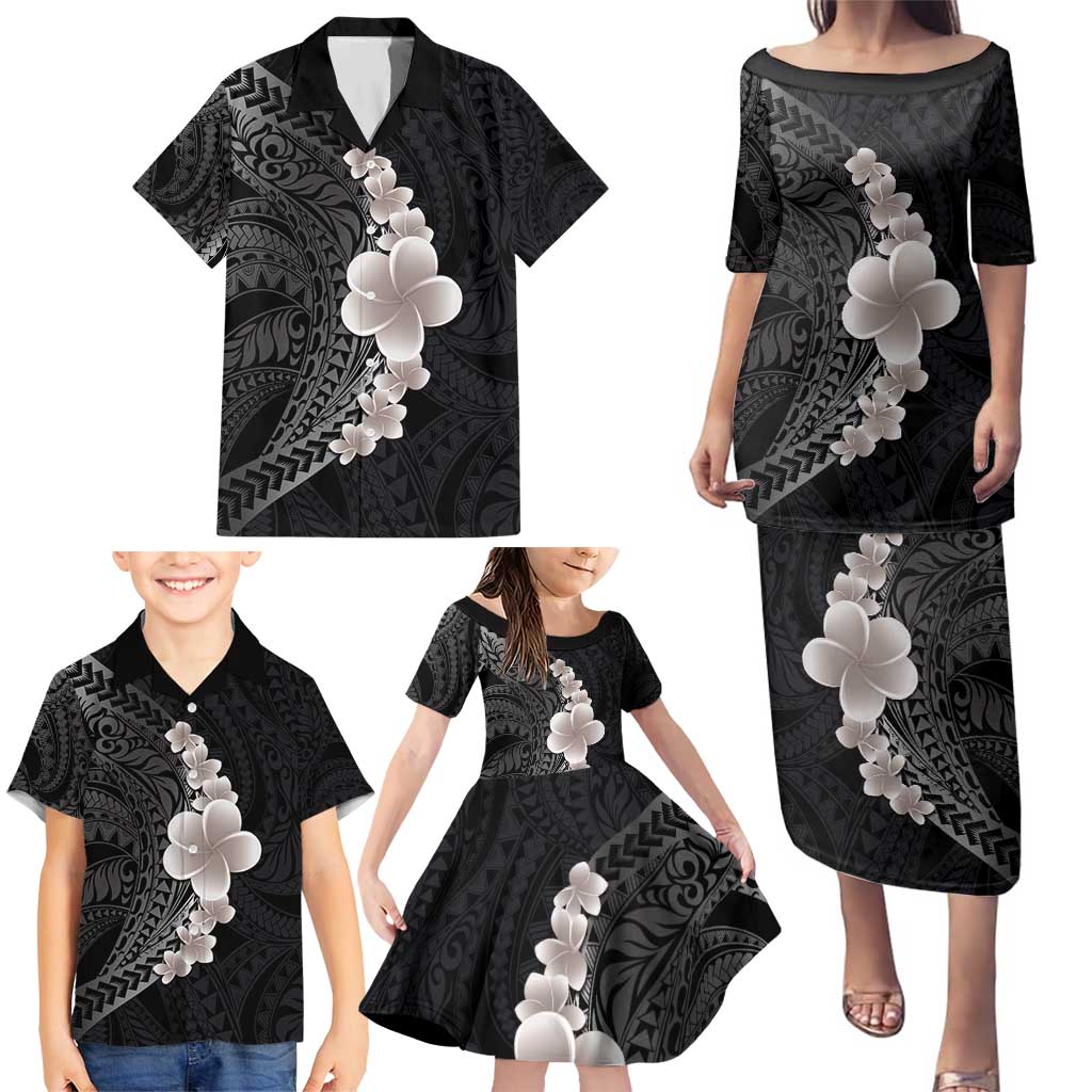 Hawaiian Tropical Plumeria Art Polynesian Tattoo Family Matching Puletasi and Hawaiian Shirt Grayscale Color LT03 - Polynesian Pride