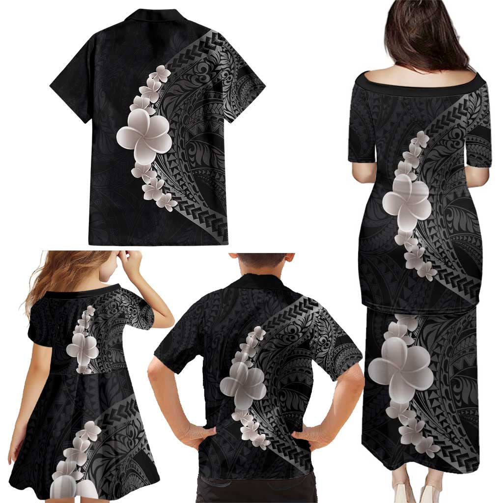 Hawaiian Tropical Plumeria Art Polynesian Tattoo Family Matching Puletasi and Hawaiian Shirt Grayscale Color LT03 - Polynesian Pride
