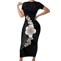 Hawaiian Tropical Plumeria Art Polynesian Tattoo Family Matching Short Sleeve Bodycon Dress and Hawaiian Shirt Grayscale Color LT03 Mom's Dress Black - Polynesian Pride