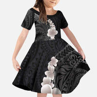 Hawaiian Tropical Plumeria Art Polynesian Tattoo Family Matching Summer Maxi Dress and Hawaiian Shirt Grayscale Color LT03 Daughter's Dress Black - Polynesian Pride