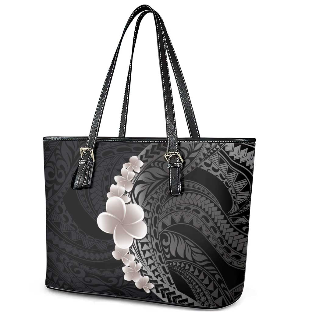 Hawaiian Tropical Plumeria Art Polynesian Tattoo Leather Tote Bag Grayscale Color