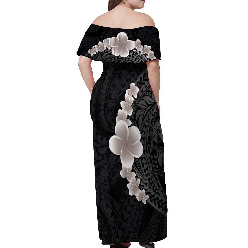 Hawaiian Tropical Plumeria Art Polynesian Tattoo Off Shoulder Maxi Dress Grayscale Color