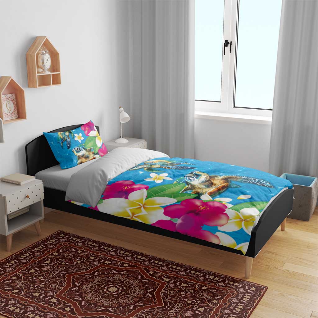 Hawaiian Tropical Flower and Honu Under Blue Water Bedding Set