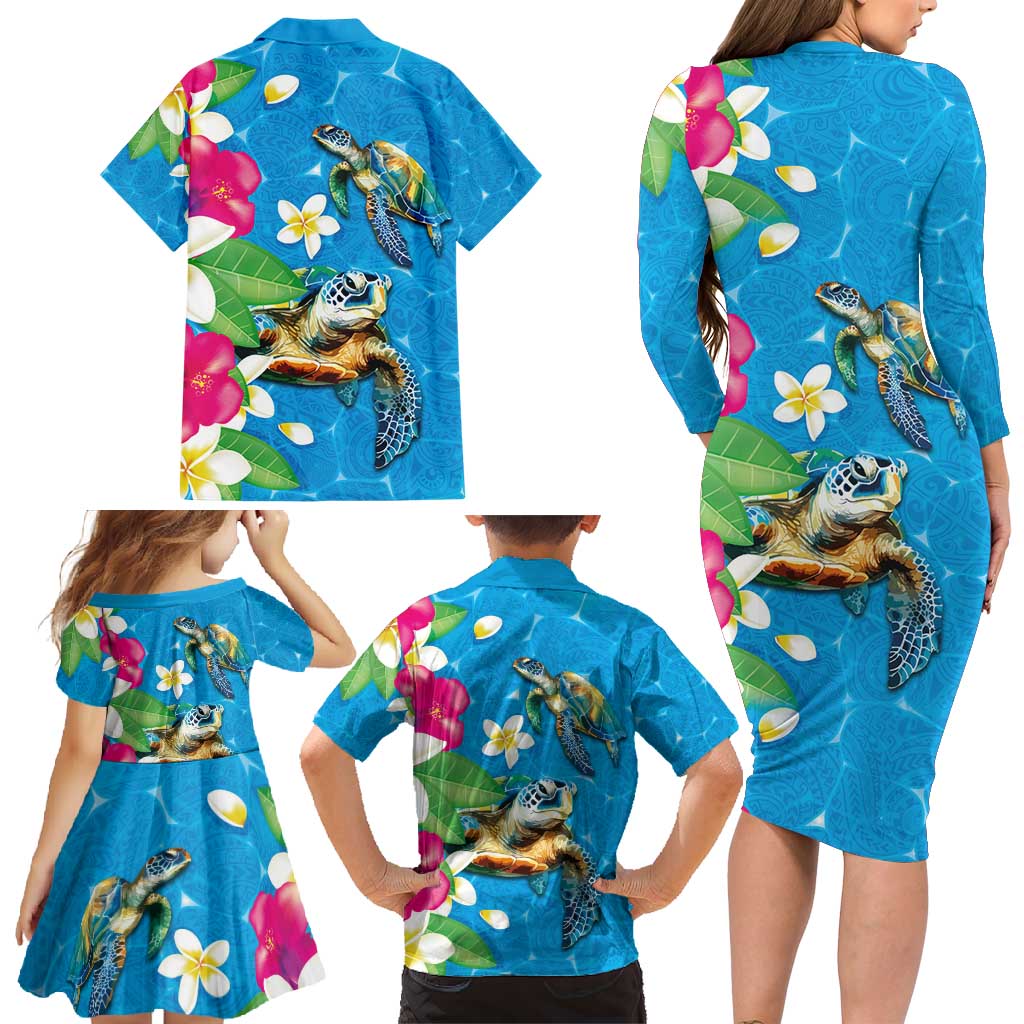 Hawaiian Tropical Flower and Honu Under Blue Water Family Matching Long Sleeve Bodycon Dress and Hawaiian Shirt LT03 - Polynesian Pride