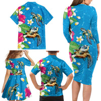 Hawaiian Tropical Flower and Honu Under Blue Water Family Matching Long Sleeve Bodycon Dress and Hawaiian Shirt LT03 - Polynesian Pride