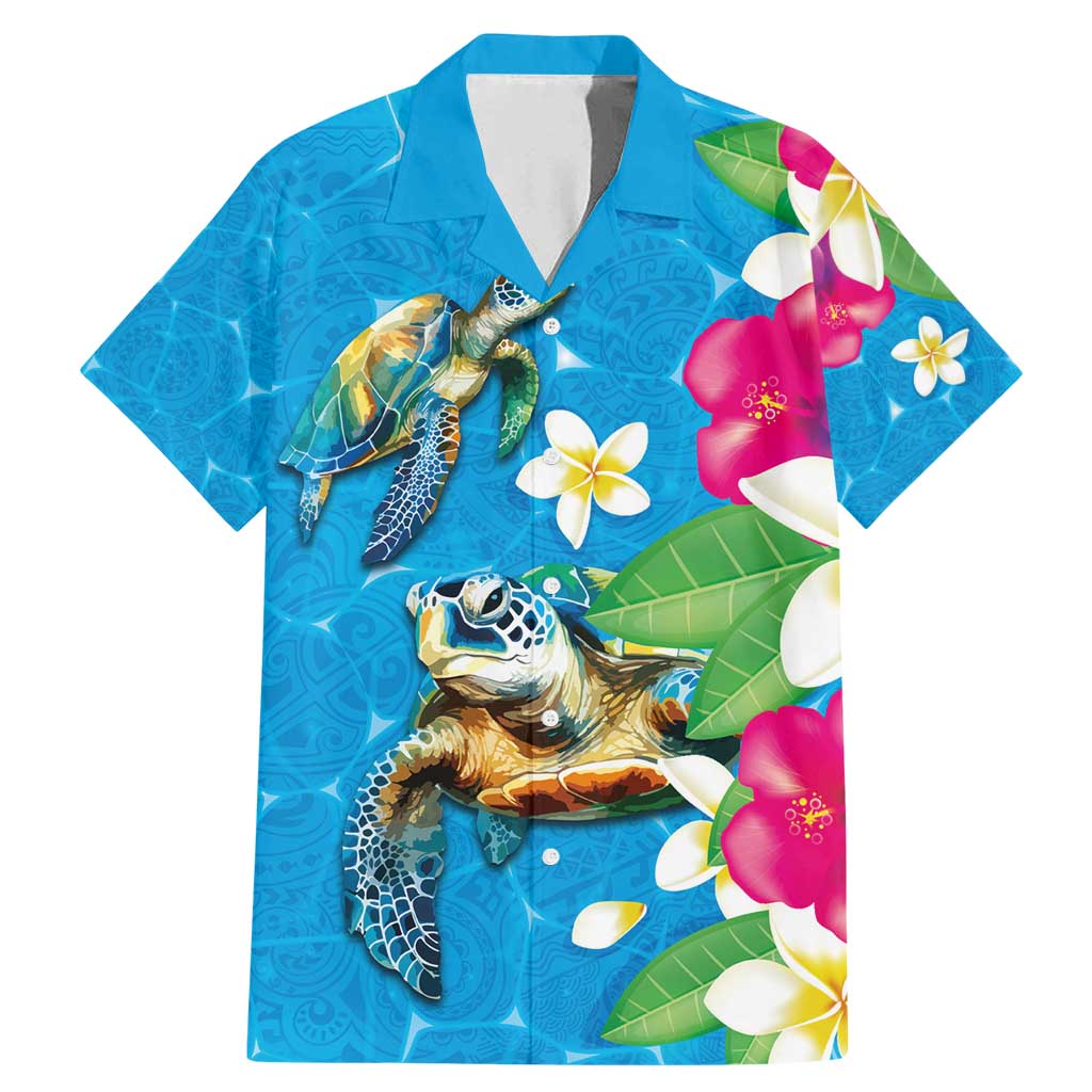 Hawaiian Tropical Flower and Honu Under Blue Water Family Matching Mermaid Dress and Hawaiian Shirt LT03 Dad's Shirt - Short Sleeve Blue - Polynesian Pride