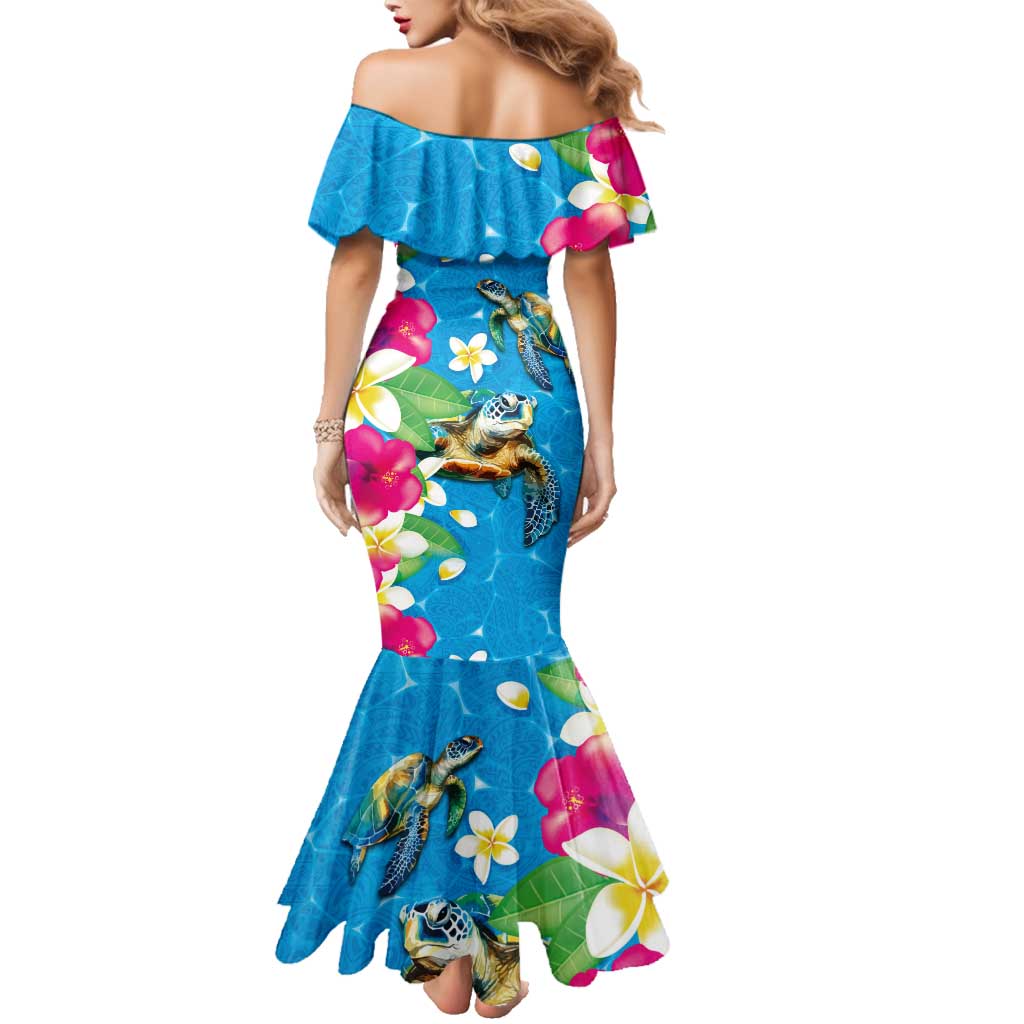 Hawaiian Tropical Flower and Honu Under Blue Water Family Matching Mermaid Dress and Hawaiian Shirt LT03 - Polynesian Pride