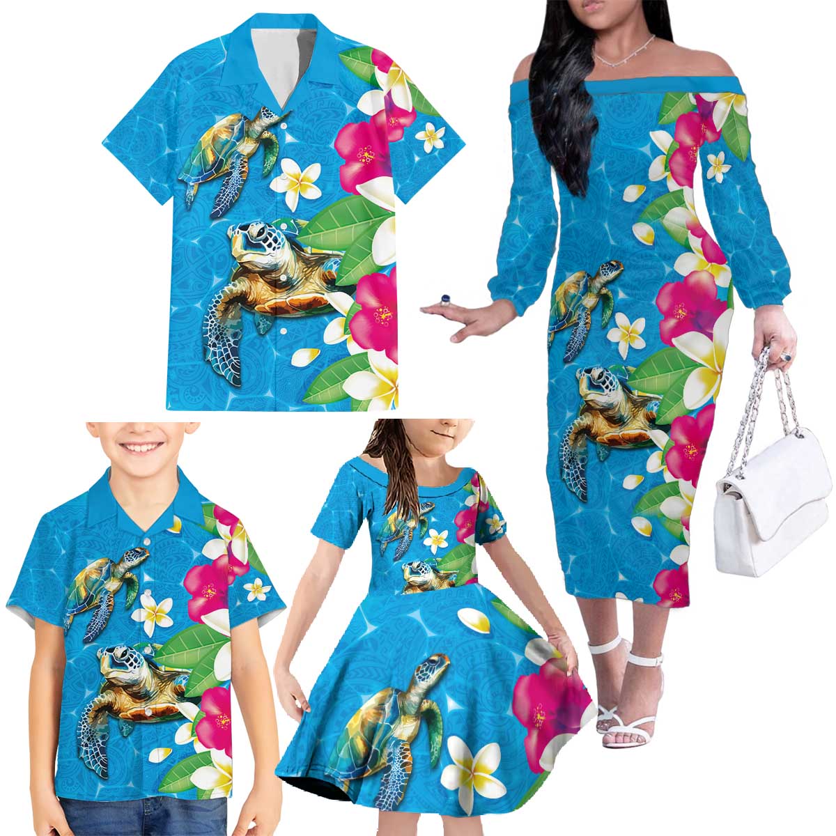 Hawaiian Tropical Flower and Honu Under Blue Water Family Matching Off The Shoulder Long Sleeve Dress and Hawaiian Shirt LT03 - Polynesian Pride