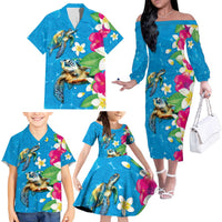 Hawaiian Tropical Flower and Honu Under Blue Water Family Matching Off The Shoulder Long Sleeve Dress and Hawaiian Shirt LT03 - Polynesian Pride
