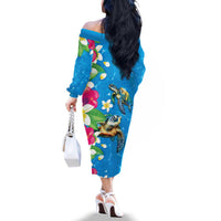 Hawaiian Tropical Flower and Honu Under Blue Water Family Matching Off The Shoulder Long Sleeve Dress and Hawaiian Shirt LT03 - Polynesian Pride