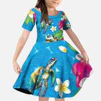 Hawaiian Tropical Flower and Honu Under Blue Water Family Matching Off Shoulder Maxi Dress and Hawaiian Shirt LT03 Daughter's Dress Blue - Polynesian Pride