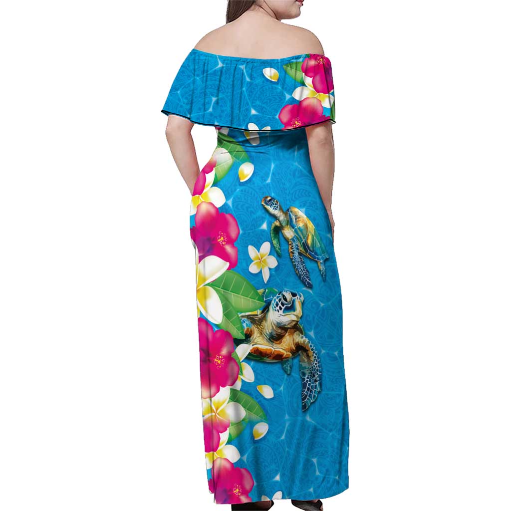 Hawaiian Tropical Flower and Honu Under Blue Water Family Matching Off Shoulder Maxi Dress and Hawaiian Shirt LT03 - Polynesian Pride