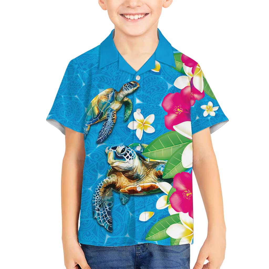 Hawaiian Tropical Flower and Honu Under Blue Water Family Matching Off Shoulder Maxi Dress and Hawaiian Shirt LT03 Son's Shirt Blue - Polynesian Pride