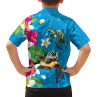 Hawaiian Tropical Flower and Honu Under Blue Water Family Matching Off Shoulder Short Dress and Hawaiian Shirt LT03 - Polynesian Pride