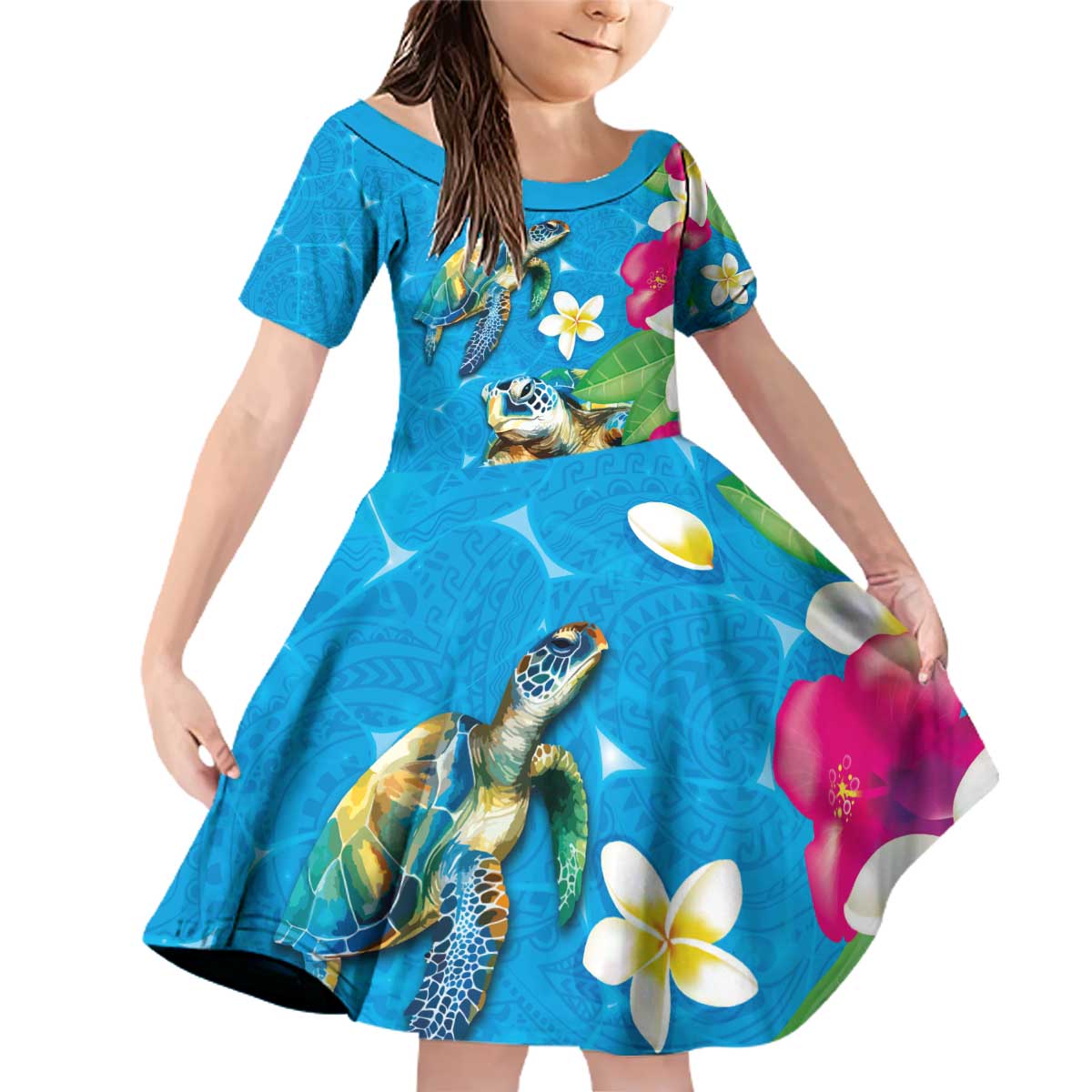 Hawaiian Tropical Flower and Honu Under Blue Water Family Matching Off Shoulder Short Dress and Hawaiian Shirt LT03 Daughter's Dress Blue - Polynesian Pride
