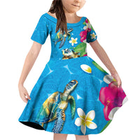 Hawaiian Tropical Flower and Honu Under Blue Water Family Matching Off Shoulder Short Dress and Hawaiian Shirt LT03 Daughter's Dress Blue - Polynesian Pride