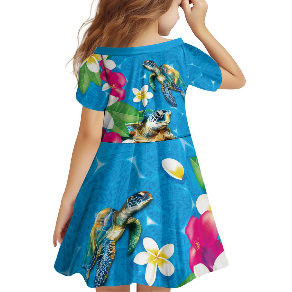 Hawaiian Tropical Flower and Honu Under Blue Water Family Matching Off Shoulder Short Dress and Hawaiian Shirt LT03 - Polynesian Pride