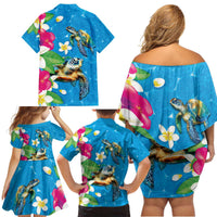 Hawaiian Tropical Flower and Honu Under Blue Water Family Matching Off Shoulder Short Dress and Hawaiian Shirt LT03 - Polynesian Pride