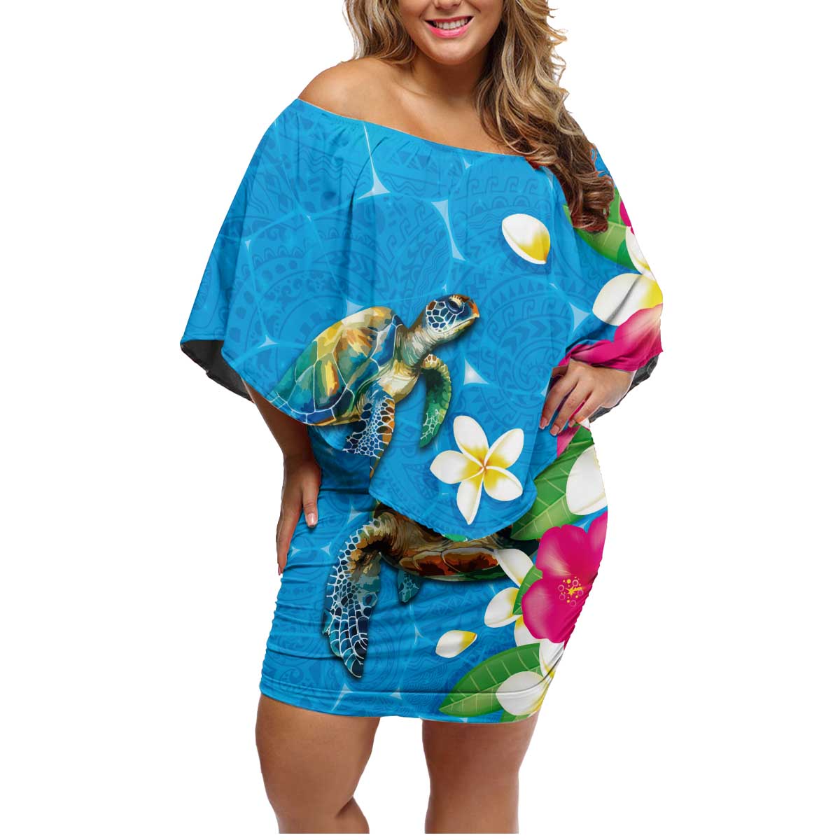 Hawaiian Tropical Flower and Honu Under Blue Water Family Matching Off Shoulder Short Dress and Hawaiian Shirt LT03 Mom's Dress Blue - Polynesian Pride