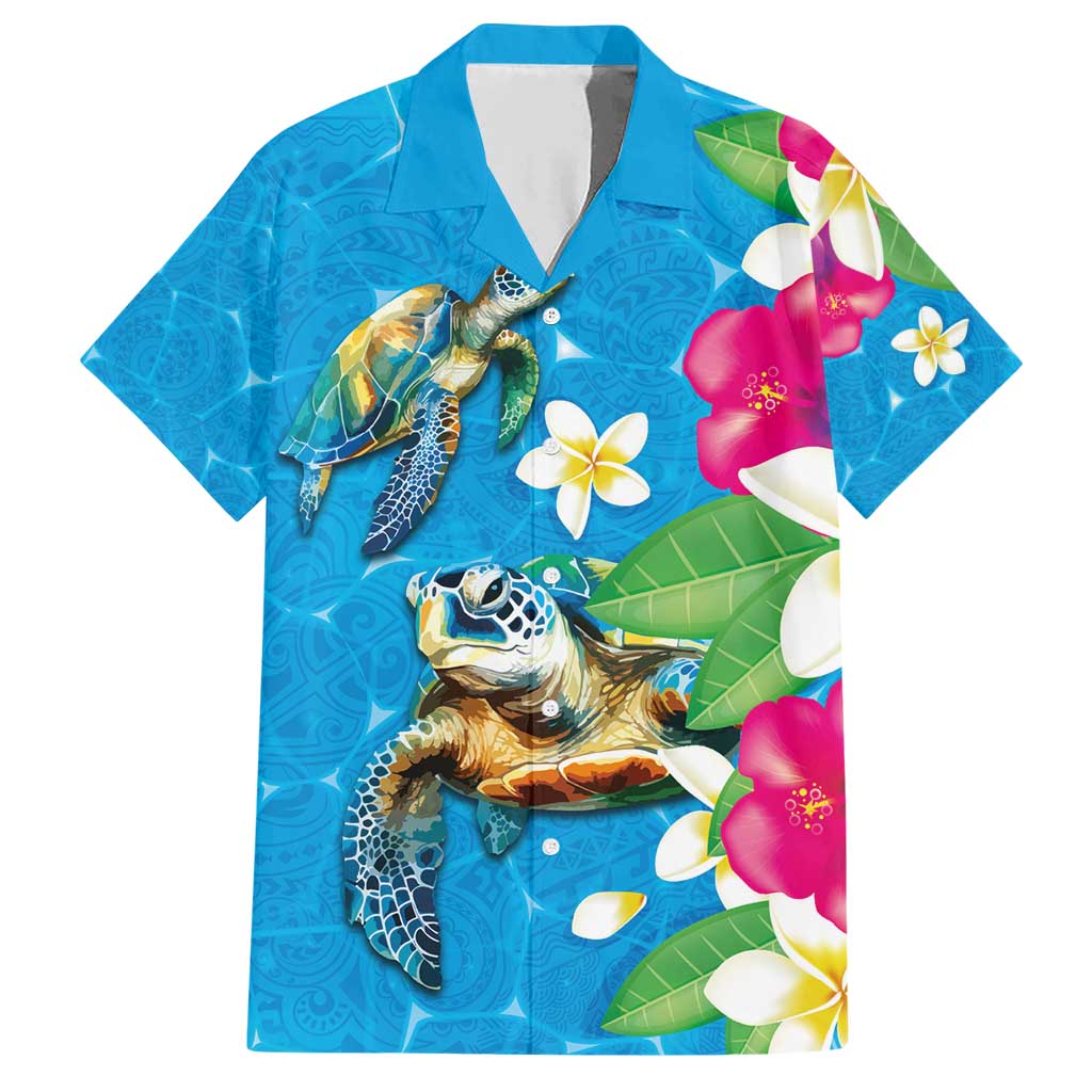 Hawaiian Tropical Flower and Honu Under Blue Water Family Matching Short Sleeve Bodycon Dress and Hawaiian Shirt LT03 Dad's Shirt - Short Sleeve Blue - Polynesian Pride