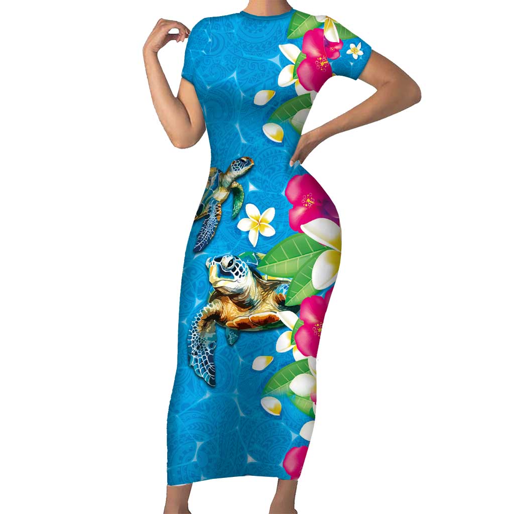 Hawaiian Tropical Flower and Honu Under Blue Water Family Matching Short Sleeve Bodycon Dress and Hawaiian Shirt LT03 Mom's Dress Blue - Polynesian Pride