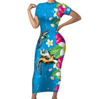 Hawaiian Tropical Flower and Honu Under Blue Water Family Matching Short Sleeve Bodycon Dress and Hawaiian Shirt LT03 Mom's Dress Blue - Polynesian Pride