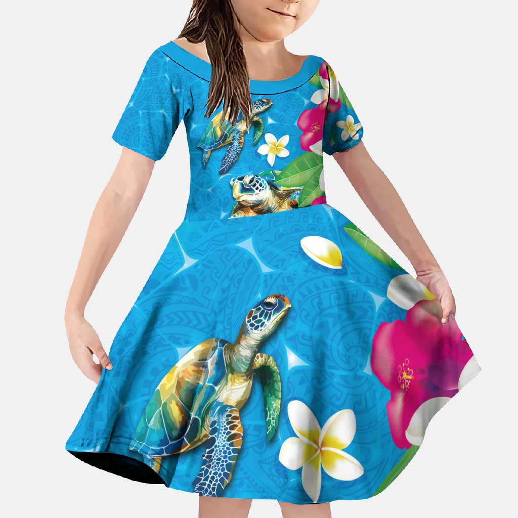 Hawaiian Tropical Flower and Honu Under Blue Water Family Matching Summer Maxi Dress and Hawaiian Shirt LT03 Daughter's Dress Blue - Polynesian Pride