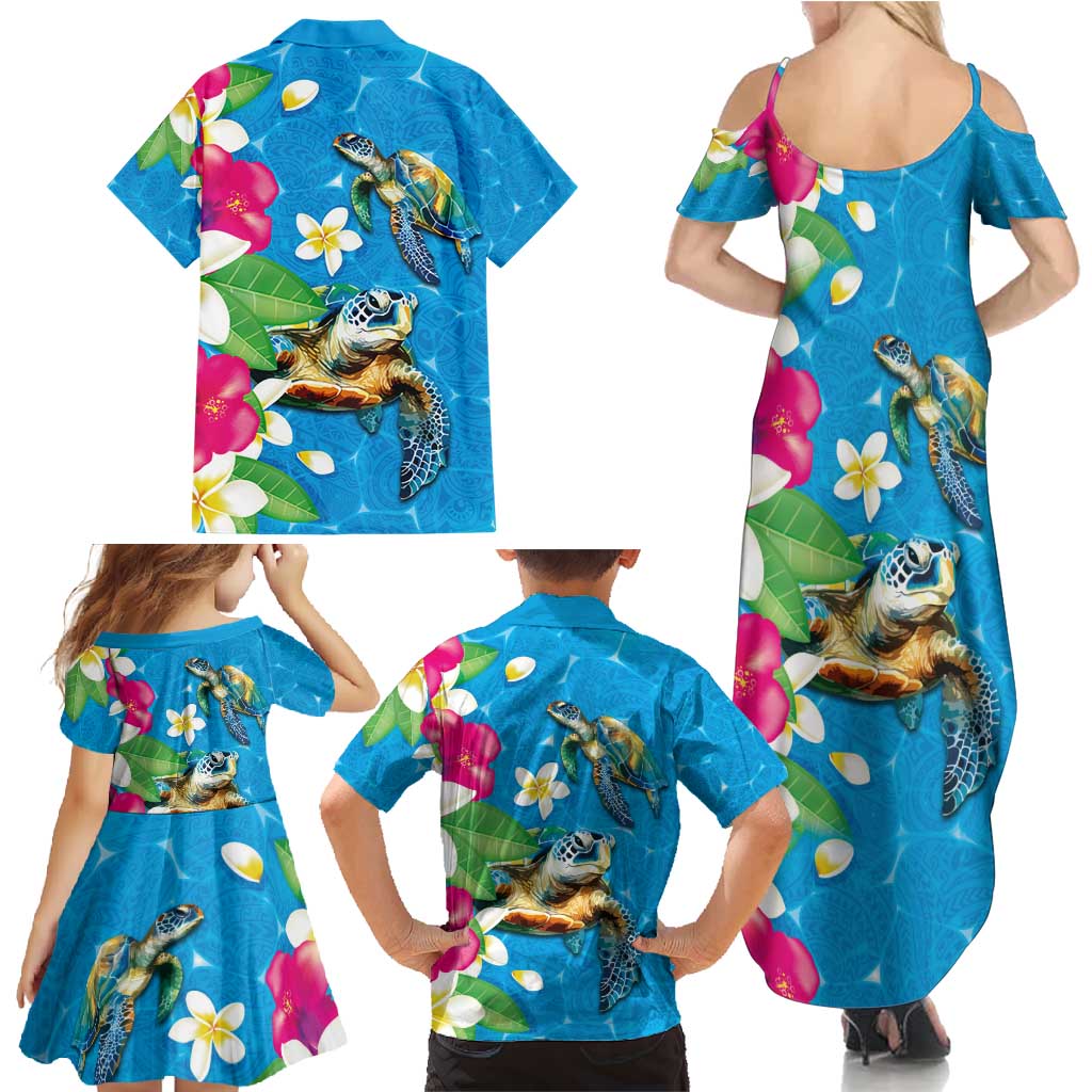Hawaiian Tropical Flower and Honu Under Blue Water Family Matching Summer Maxi Dress and Hawaiian Shirt LT03 - Polynesian Pride