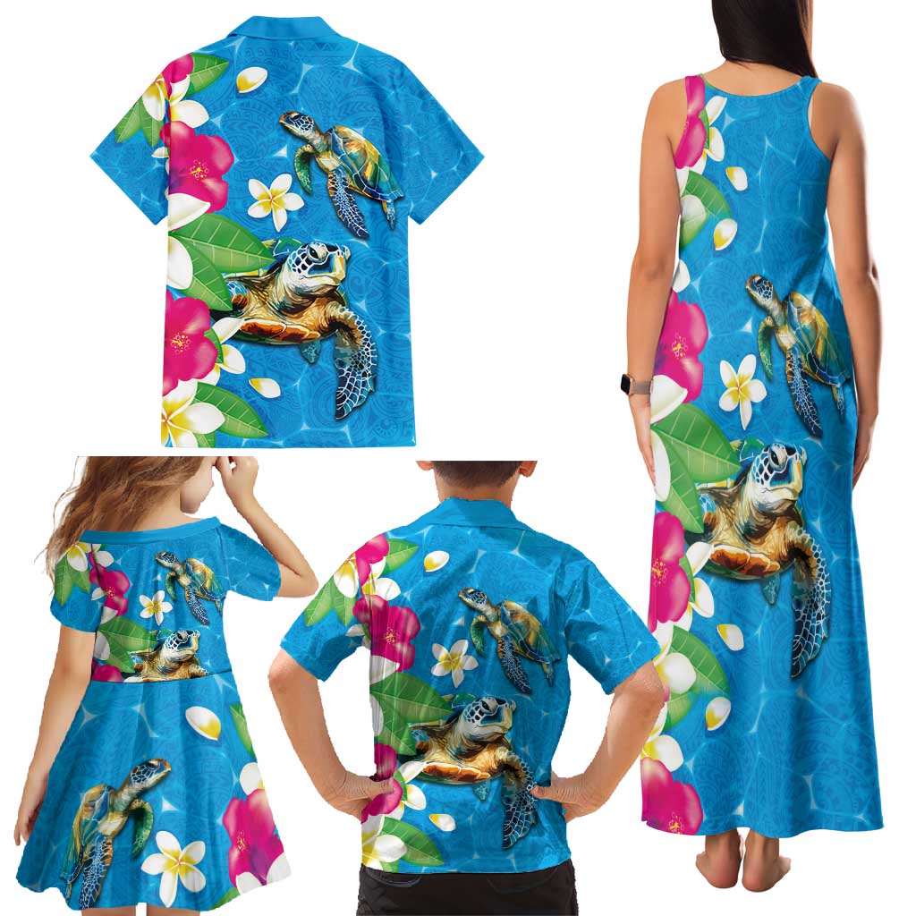 Hawaiian Tropical Flower and Honu Under Blue Water Family Matching Tank Maxi Dress and Hawaiian Shirt LT03 - Polynesian Pride