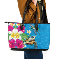 Hawaiian Tropical Flower and Honu Under Blue Water Leather Tote Bag