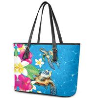 Hawaiian Tropical Flower and Honu Under Blue Water Leather Tote Bag